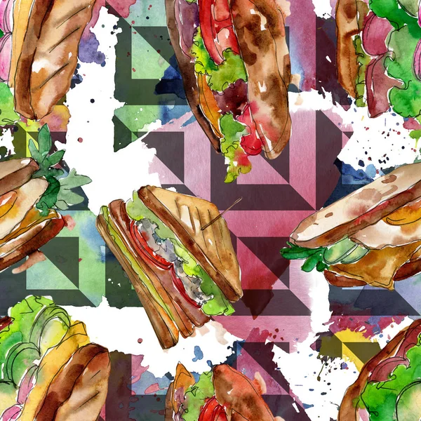 Sandwich en un estilo acuarela. Acuarela elemento ilustrativo de comida rápida. Patrón de fondo sin costuras . —  Fotos de Stock