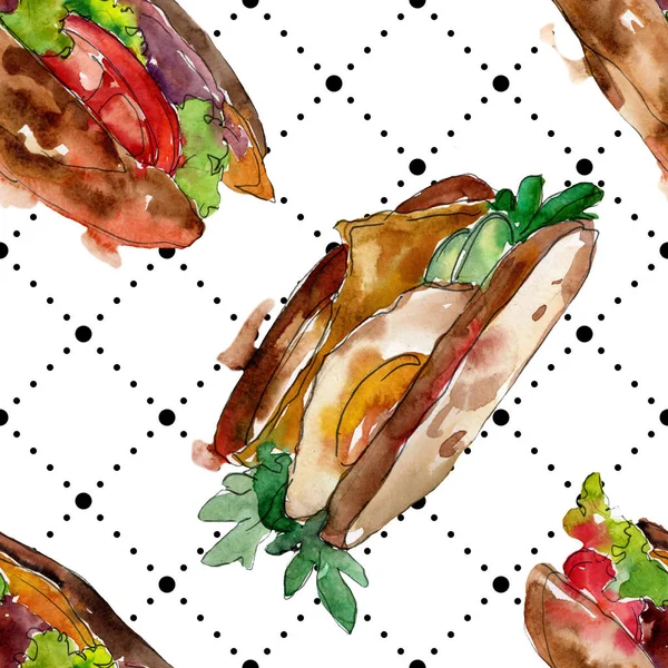 Sandwich en un estilo acuarela. Acuarela elemento ilustrativo de comida rápida. Patrón de fondo sin costuras . — Foto de Stock