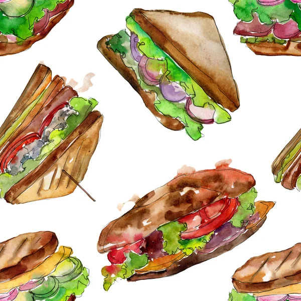 Sandwich en un estilo acuarela. Acuarela elemento ilustrativo de comida rápida. Patrón de fondo sin costuras . —  Fotos de Stock