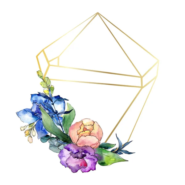 Pfingstrosen Blumensträuße botanische Blume. Aquarell Hintergrundillustration Set. Rahmen Rand Kristall Ornament Quadrat. — Stockfoto