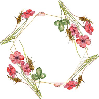 Kır çiçeği buket çiçek botanik çiçekler. Suluboya arka plan illüstrasyon küme. Çerçeve kenarlığı süsleme Meydanı.