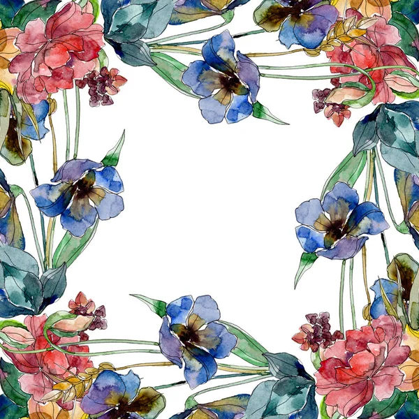 Wildflower boeket bloemen botanische bloemen. Aquarel achtergrond afbeelding instellen. Frame grens ornament vierkant. — Stockfoto