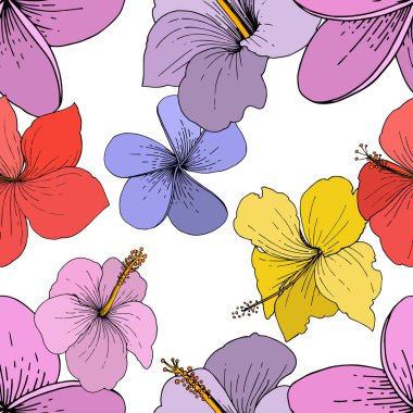 Vektör Hibiscus çiçek tropik çiçekler. Beyaz arka plan üzerinde oyulmuş mürekkep sanat. Sorunsuz arka plan deseni.