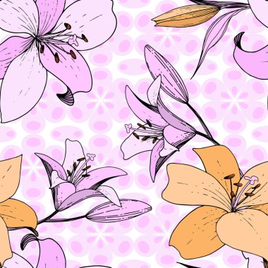 Vektör Lily botanik çiçek. Oyulmuş mürekkep sanat. Sorunsuz arka plan deseni. Kumaş duvar kağıdı yazdırma doku.