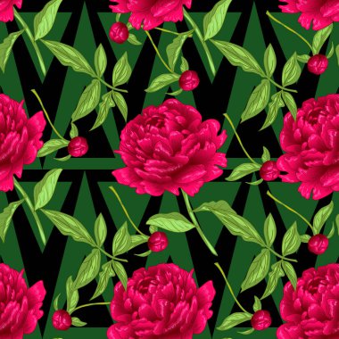 Vektör kırmızı Şakayık botanik çiçek. Oyulmuş mürekkep sanat. Sorunsuz arka plan deseni. Kumaş duvar kağıdı yazdırma doku.