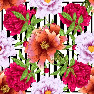 Kırmızı ve pembe peony çiçek botanik çiçekler vektör. Oyulmuş mürekkep sanat. Sorunsuz arka plan deseni.