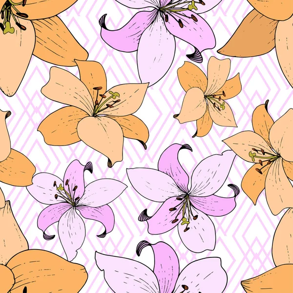 Flor botánica floral Vector Lily. Arte de tinta grabada. Patrón de fondo sin costuras. Textura de impresión de papel pintado de tela . — Vector de stock