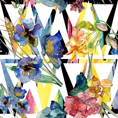 Lüks moda kır çiçekleri botanik çiçeklerle yazdırır. Suluboya resim kümesi. Sorunsuz arka plan deseni.