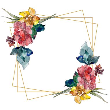 Kır çiçeği buket çiçek botanik çiçekler. Suluboya arka plan illüstrasyon küme. Çerçeve kenarlığı süsleme Meydanı.