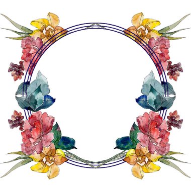 Kır çiçeği buket çiçek botanik çiçekler. Suluboya arka plan illüstrasyon küme. Çerçeve kenarlığı süsleme Meydanı.