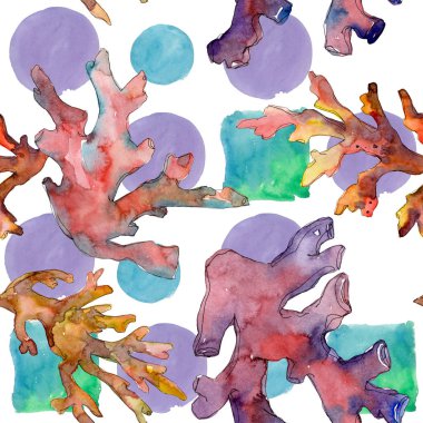 Kırmızı ve sarı su sualtı doğa mercan kayalığı. Suluboya resim kümesi. Sorunsuz arka plan deseni.