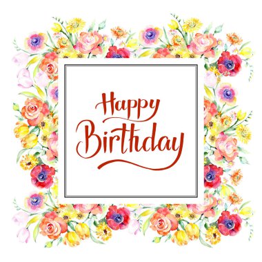 Sarı ve kırmızı çiçek botanik çiçekler buket. Suluboya arka plan illüstrasyon küme. Çerçeve kenarlığı süsleme Meydanı.