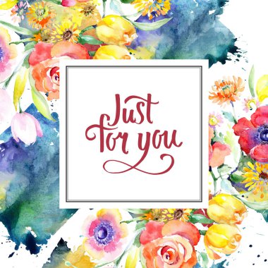 Sarı ve kırmızı çiçek botanik çiçekler buket. Suluboya arka plan illüstrasyon küme. Çerçeve kenarlığı süsleme Meydanı.