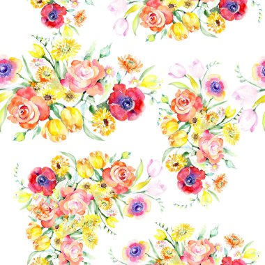 Sarı ve kırmızı çiçek botanik çiçekler buket. Suluboya arka plan illüstrasyon küme. Sorunsuz arka plan deseni.