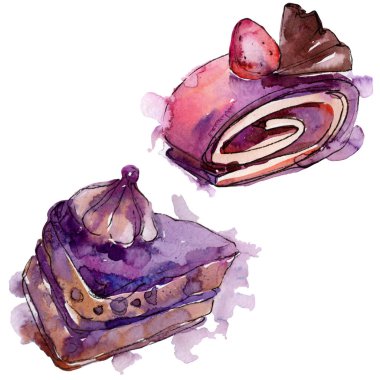Meyve izole bir sulu boya stilinde lezzetli pasta. Aquarelle tatlı tatlı. Arka plan illüstrasyon seti.