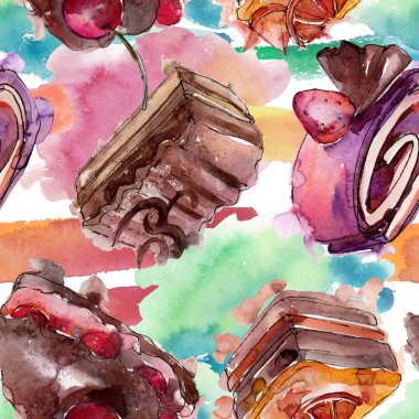 Meyve izole bir sulu boya stilinde lezzetli pasta. Şekerli tatlı illüstrasyon. Sorunsuz arka plan deseni.