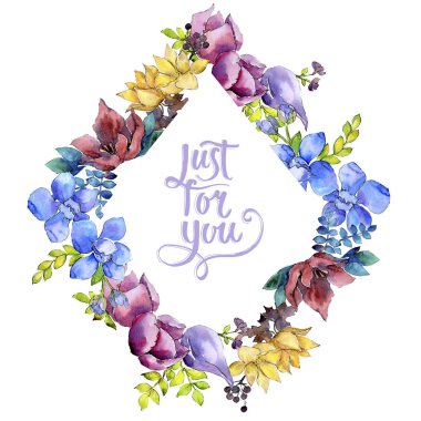 Buket kompozisyon çiçek botanik çiçekler. Suluboya arka plan illüstrasyon küme. Çerçeve kenarlığı süsleme Meydanı.