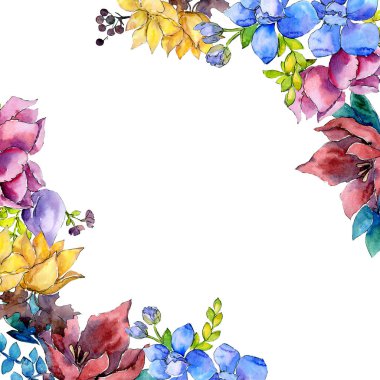 Buket kompozisyon çiçek botanik çiçekler. Suluboya arka plan illüstrasyon küme. Çerçeve kenarlığı süsleme Meydanı.
