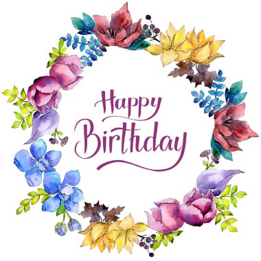 Buket kompozisyon çiçek botanik çiçekler. Suluboya arka plan illüstrasyon küme. Çerçeve kenarlığı süsleme Meydanı.