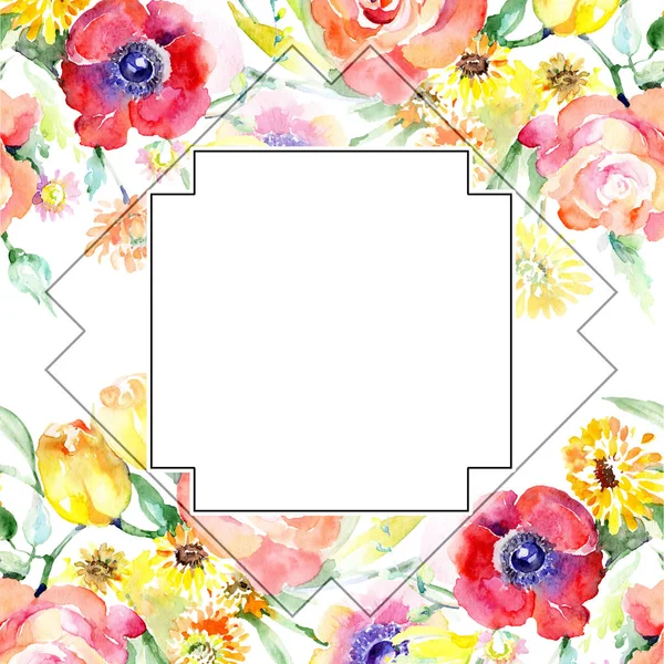 Gele en rode bloemen botanische bloemen boeket. Aquarel achtergrond afbeelding instellen. Frame grens ornament vierkant. — Stockfoto