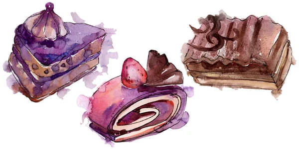 Gâteau savoureux aux fruits dans un style aquarelle isolé. Aquarelle dessert sucré. Jeu d'illustrations de fond . — Photo