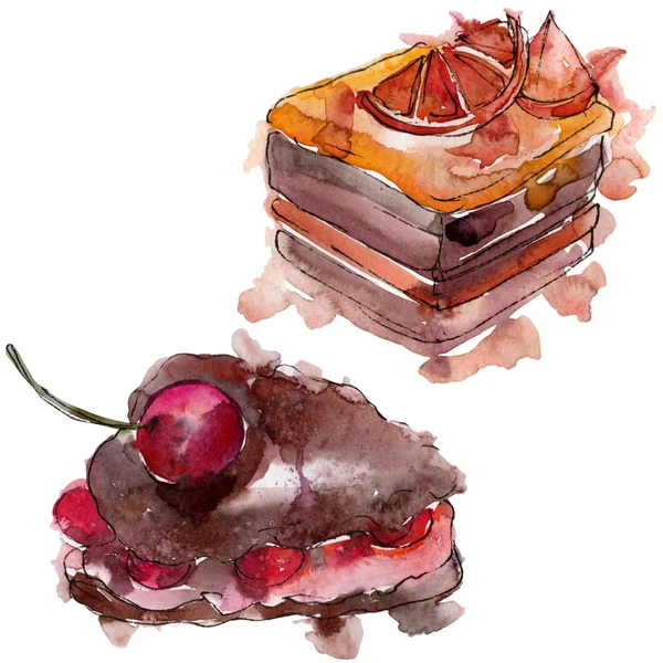 Finom sütemény, gyümölcsös elszigetelt akvarell stílusú. Az Aquarelle édes desszert. Háttér illusztráció készlet. — Stock Fotó