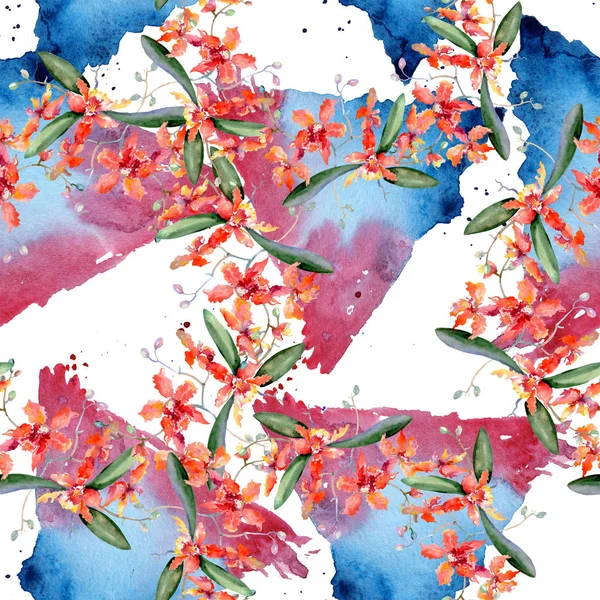 Gren av korall orkidéer. Blommig botaniska blomma. Akvarell bakgrund illustration set. Sömlös bakgrundsmönster. — Stockfoto