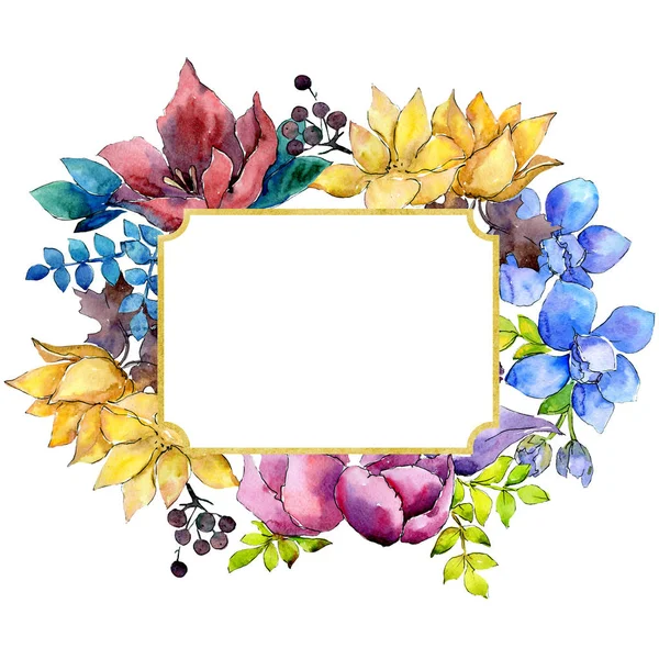 Bouquet composizione floreale fiori botanici. Acquerello sfondo illustrazione set. Quadrato ornamento bordo cornice . — Foto Stock