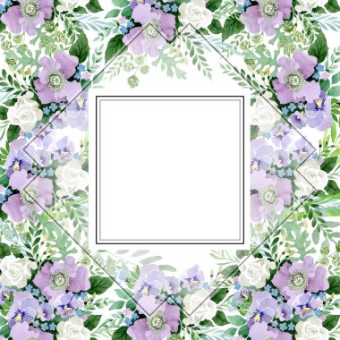 Menekşe buketi çiçek botanik çiçekler. Suluboya arka plan illüstrasyon küme. Çerçeve kenarlığı süsleme Meydanı.