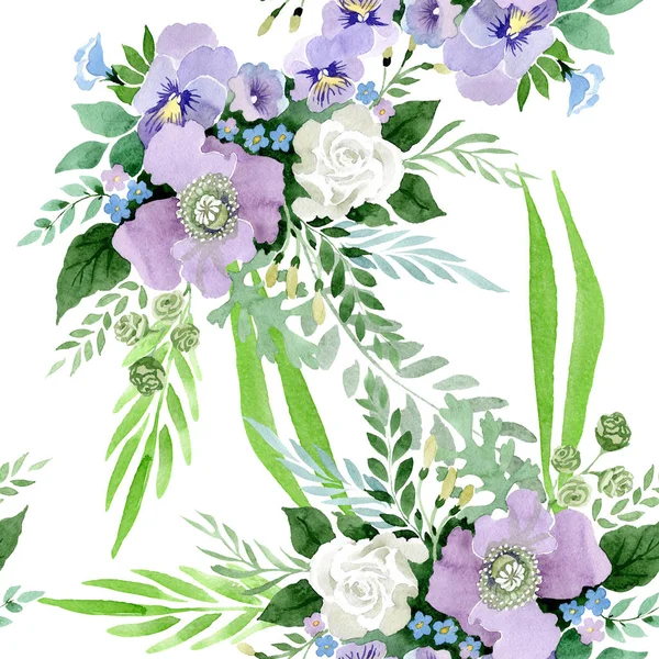 Violet bouquet floral botanical flowers. Watercolor background illustration set. Seamless background pattern.