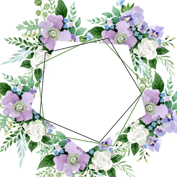 Ramo violeta flores botánicas florales. Conjunto de ilustración de fondo acuarela. Marco borde cristal ornamento cuadrado . — Foto de Stock