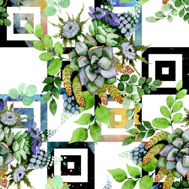 Etli buket çiçek botanik çiçekler. Suluboya arka plan illüstrasyon küme. Sorunsuz arka plan deseni.