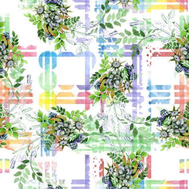 Etli buket çiçek botanik çiçekler. Suluboya arka plan illüstrasyon küme. Sorunsuz arka plan deseni.