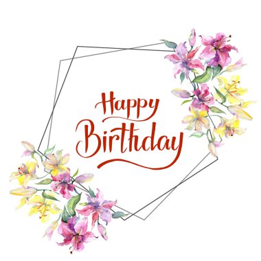 Kazablanka lilyum botanik çiçek sarı ve mor. Suluboya arka plan illüstrasyon. Çerçeve kenarlığı kristal süsleme Meydanı.