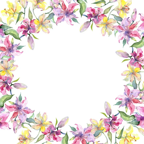 Κίτρινο και μοβ lillies βοτανικό λουλούδια. Ακουαρέλα φόντο εικόνα σύνολο. Πλαίσιο συνόρων στολίδι τετράγωνο. — Φωτογραφία Αρχείου