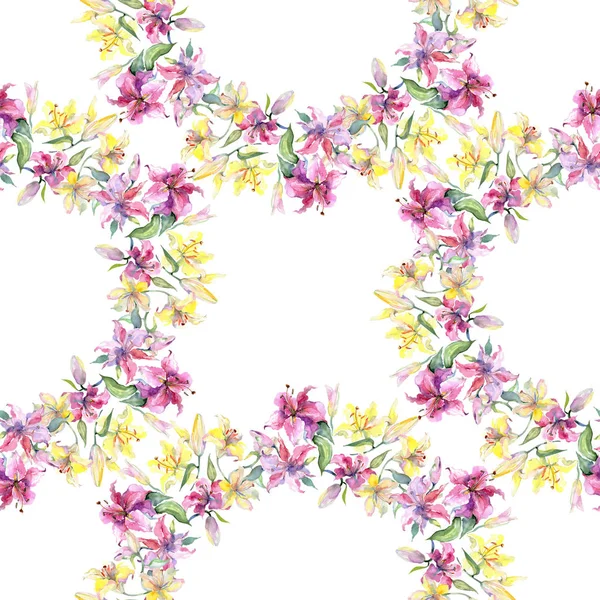 Gele en paarse lillies floral botanische bloemen. Aquarel achtergrond afbeelding instellen. Naadloze achtergrondpatroon. — Stockfoto