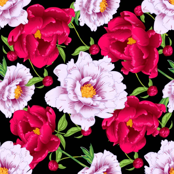 Fleurs botaniques florales pivoines rouges et roses vectorielles. Encre gravée. Modèle de fond sans couture . — Image vectorielle