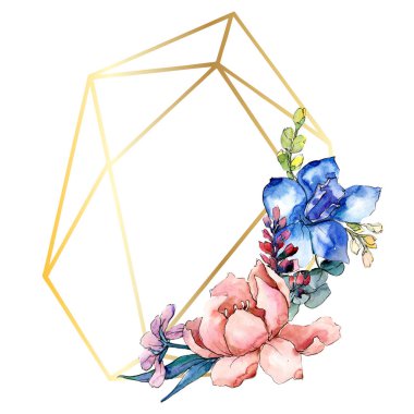 Şakayık buketleri botanik çiçek. Suluboya arka plan illüstrasyon küme. Çerçeve kenarlığı kristal süsleme Meydanı.