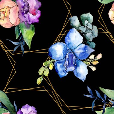 Şakayık buketleri botanik çiçek. Suluboya arka plan illüstrasyon küme. Sorunsuz arka plan deseni.