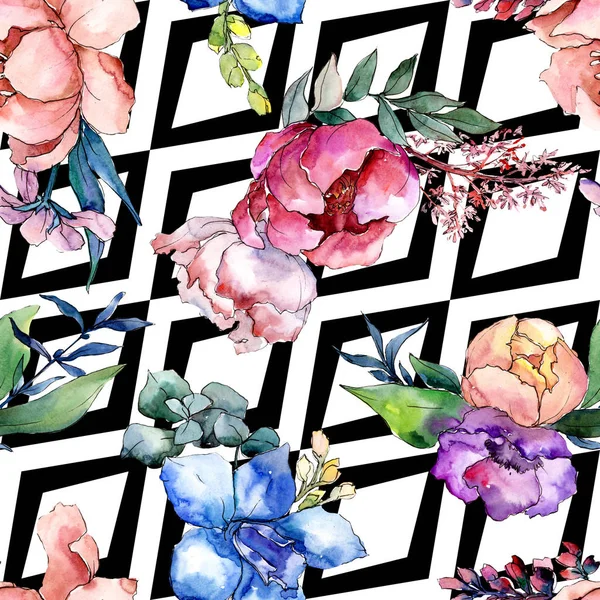 Peony boeketten bloemen botanische bloem. Aquarel achtergrond afbeelding instellen. Naadloze achtergrondpatroon. — Stockfoto