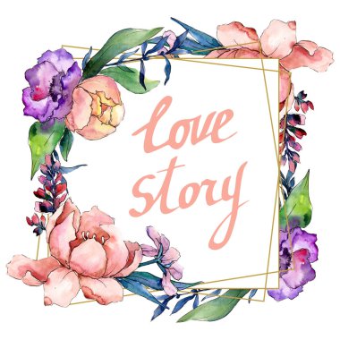 Şakayık buketleri botanik çiçek. Suluboya arka plan illüstrasyon küme. Çerçeve kenarlığı kristal süsleme Meydanı.