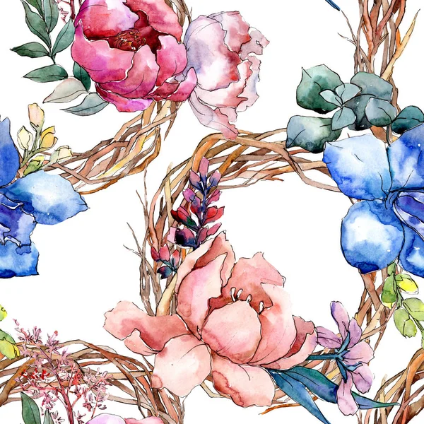 Pion buketter blommig botaniska blomma. Akvarell bakgrund illustration set. Sömlös bakgrundsmönster. — Stockfoto