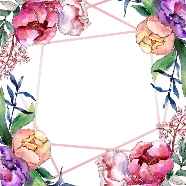 Piwonia kwiat botaniczny bukiety. Zestaw ilustracji tle akwarela. Ramki granicznej crystal ornament square. — Zdjęcie stockowe