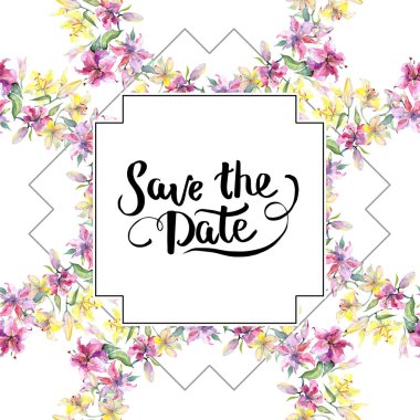 Kazablanka lilyum botanik çiçek sarı ve mor. Suluboya arka plan illüstrasyon küme. Çerçeve kenarlığı süsleme Meydanı.