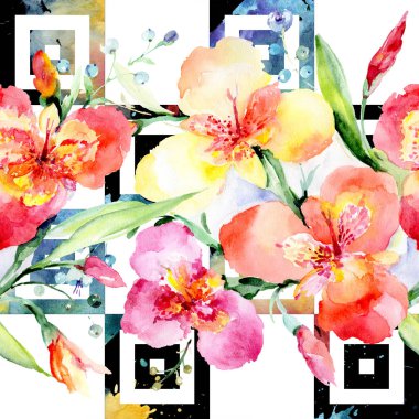 Turuncu viyola buket çiçek botanik çiçekler. Suluboya arka plan illüstrasyon küme. Sorunsuz arka plan deseni.