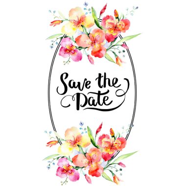 Turuncu viyola buket çiçek botanik çiçekler. Suluboya arka plan illüstrasyon küme. Çerçeve kenarlığı süsleme Meydanı.