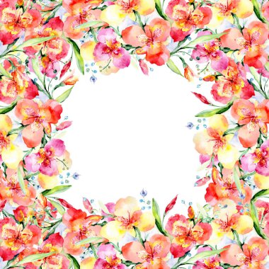 Turuncu viyola buket çiçek botanik çiçekler. Suluboya arka plan illüstrasyon küme. Çerçeve kenarlığı süsleme Meydanı.