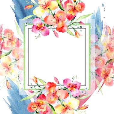 Turuncu viyola buket çiçek botanik çiçekler. Suluboya arka plan illüstrasyon küme. Çerçeve kenarlığı süsleme Meydanı.