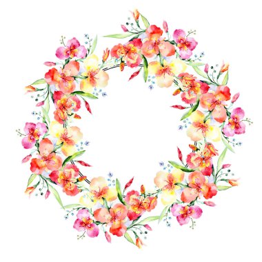 Turuncu viyola buket çiçek botanik çiçekler. Suluboya arka plan illüstrasyon küme. Çerçeve kenarlığı süsleme Meydanı.