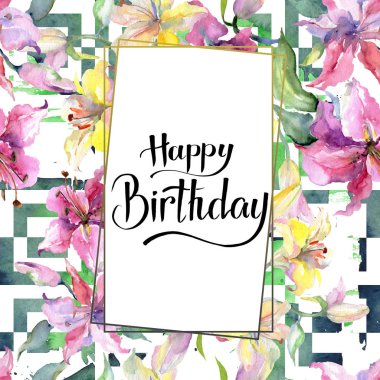 Kazablanka lilyum botanik çiçek sarı ve mor. Suluboya arka plan illüstrasyon. Çerçeve kenarlığı kristal süsleme Meydanı.